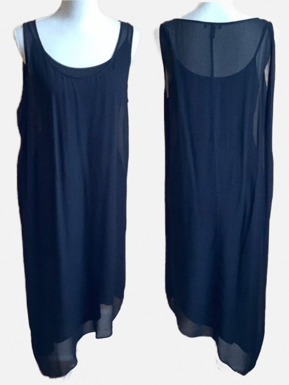 EILEEN FISHER Sheer Silk Georgette Asymmetrical Layered Midi Tank Dress Black M